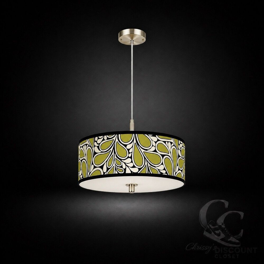 Vintage MCM Drum Pendant Light Olive Green Retro Ceiling Fixture